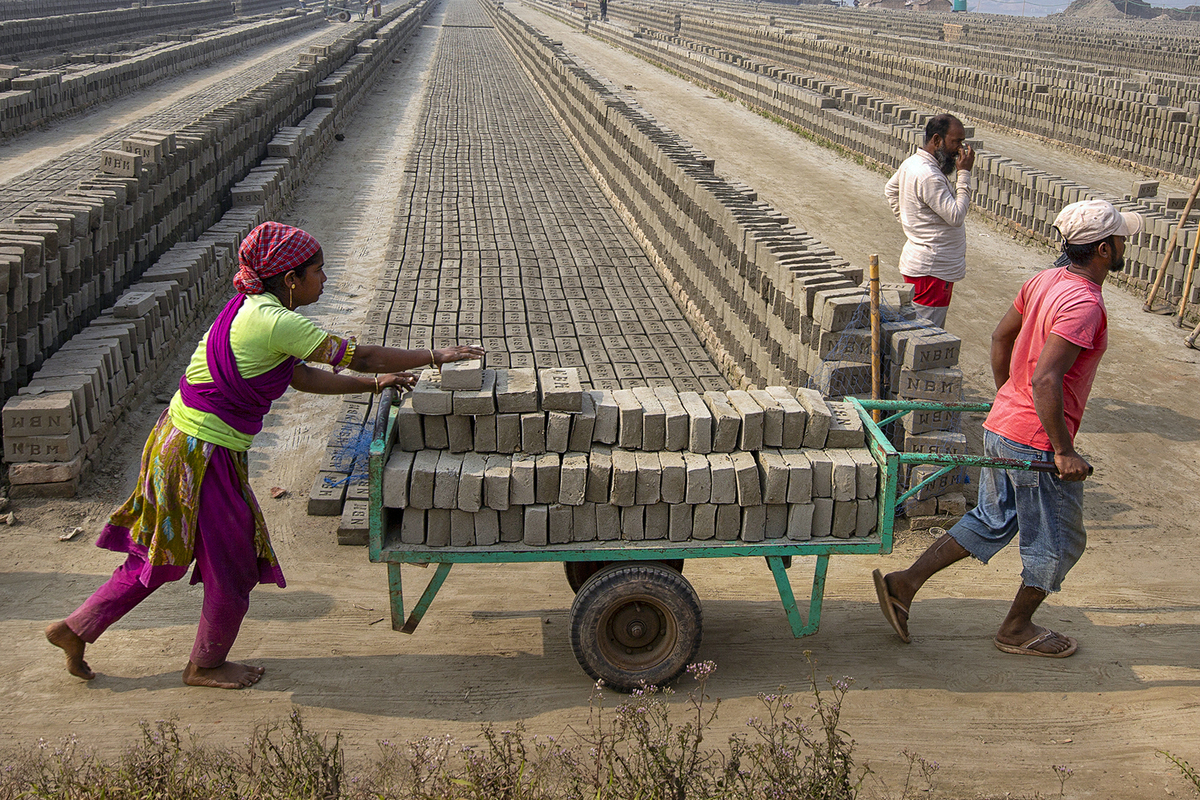 The cart carries bricks.