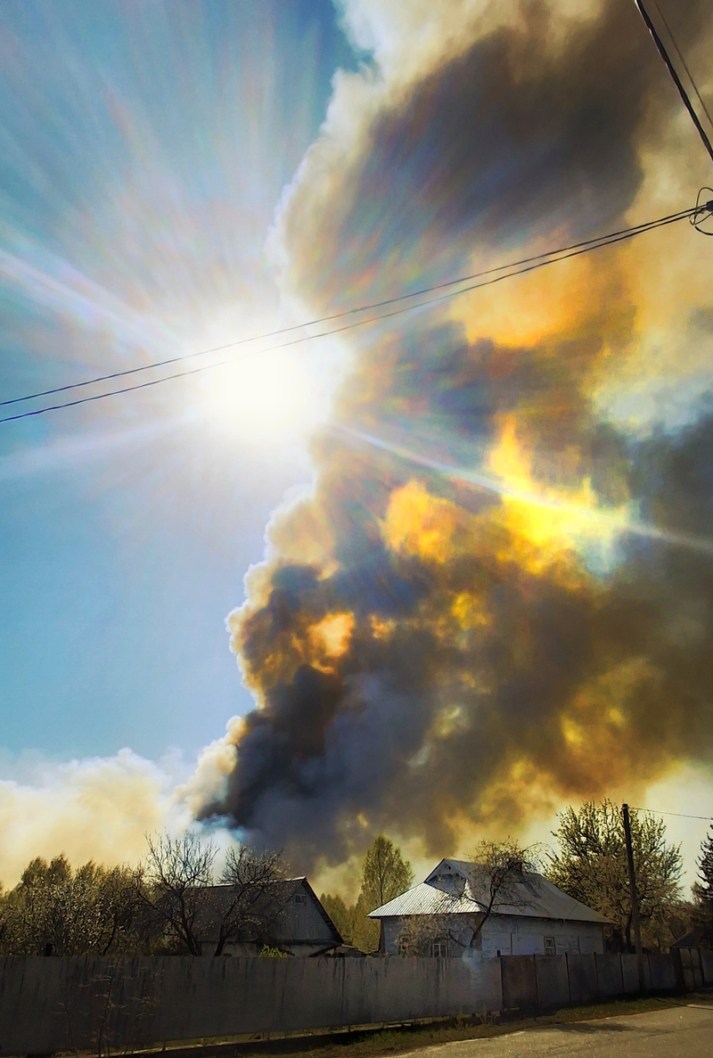 Дата створення: 20.05.2025 Місце: село Соснівка. Країна: Україна. Тема: Вогняний Великдень. Опис: Пожежа охопила лісовий масив біля села в погожий весняний день на Паску. Незважаючи на яскраве сонце, небо затягнуло густим чорним димом. Фото фіксує мить, коли небезпека тільки починає наближатися до села.