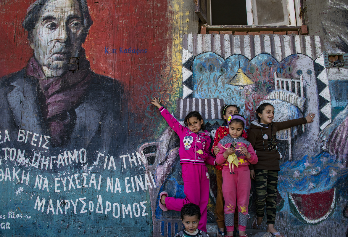 Children have fun with the wall art