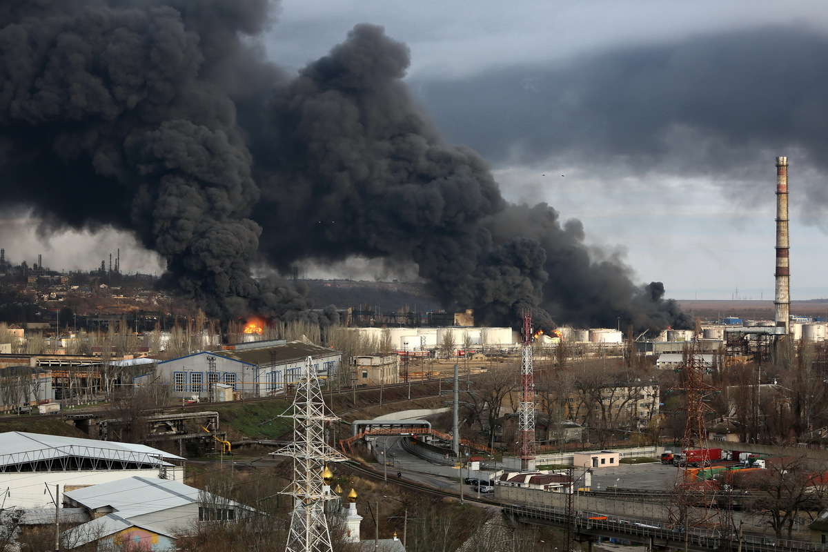 Burning oil depot due to hit by Russian missiles 03/03/2022