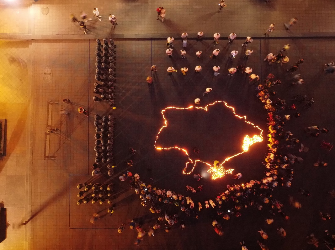 Drone view of a flash mob with candles in honor of those who died for the Independence of Ukraine 08/24/2021